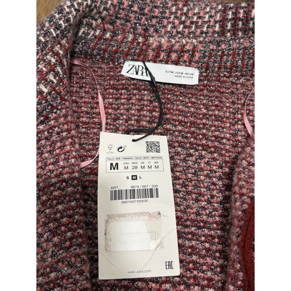 Zara Pink Metallic Tweed Plaid Fringe Belted Shirt Jacket Size M NWT - Picture 11 of 13
